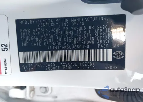 2020 Toyota Camry Se from USA, damaged, VIN 4T1M11AK5LU860120